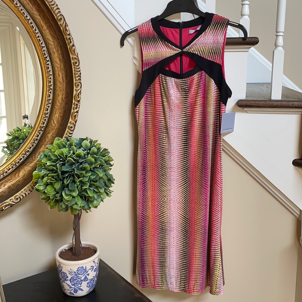 NWT Sleeveless keyhole cut out pink black geometric midi dress Andrew Marc 6